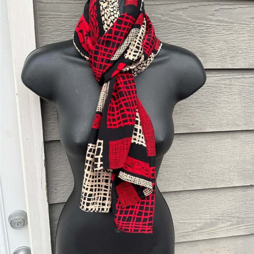 Essential Classics Red Black Tan Silk Patterned Women's‎ Scarf Stylish Lightwt
